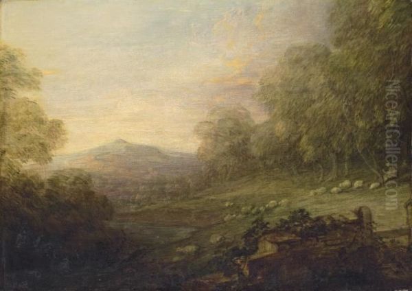 Wooded Landscape With A Shepherd And Sheep On A Slope By A River, A Mountain Beyond Oil Painting by Thomas Gainsborough