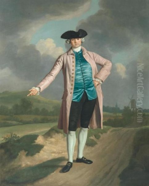 Portrait Of A Nobleman In A Broad Landscape With A Windmill. Oil Painting by Thomas Gainsborough