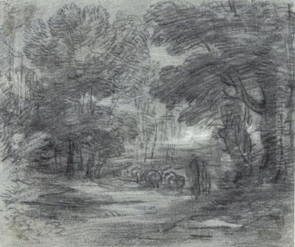 A Wooded Landscape With A Herdsman And His Flock Oil Painting by Thomas Gainsborough