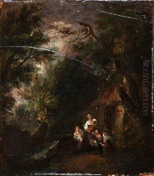 A Family Group Seated Outside A Cottage In A Woodland Setting Oil Painting by Thomas Gainsborough