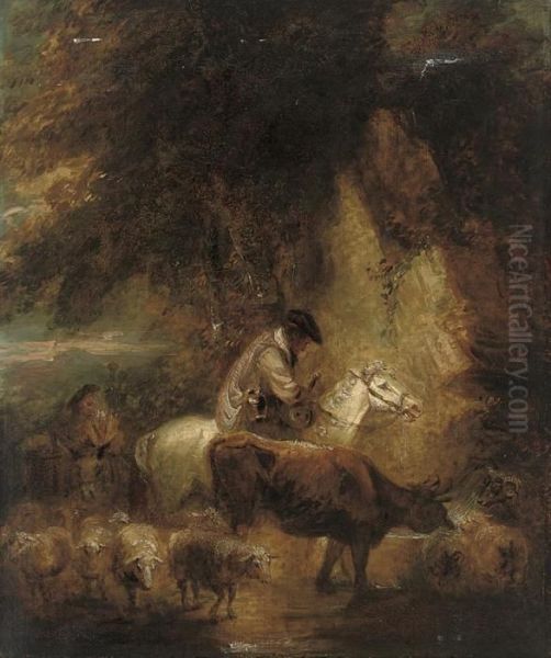 A Rocky Wooded Landscape With A Mounted Drover And Cattle Wateringat A Trough Oil Painting by Thomas Gainsborough