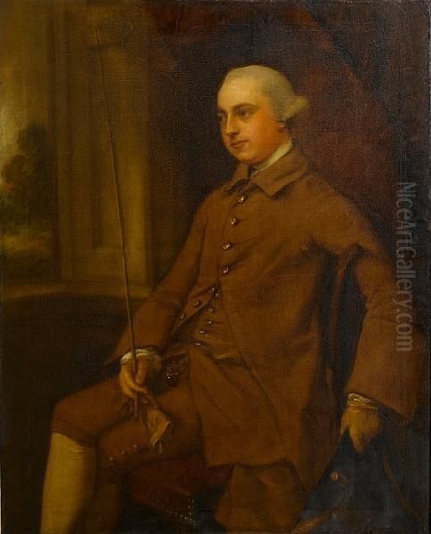 Portrait Of Humphrey Hall 
(1738-1801) Ofgoldings, Bengeo, Herts And Manadon, Near Plymouth, 
Three-quarterlength, In A Brown Coat And Breeches, Seated In An 
Interior,holding A Riding Crop, Hat And Gloves, Beneath A Red Silk 
Curtain,a Wooded Landsca Oil Painting by Thomas Gainsborough