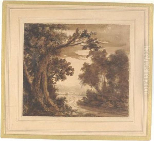 'wooded Landscape', Brown And 
Black Washes, 20cm X 23cm, Mounted But Unframed. * Provenance:- Ex Dean 
Of Canterbury's Estate And The Mackeson Collection. 40-60 Oil Painting by Thomas Gainsborough