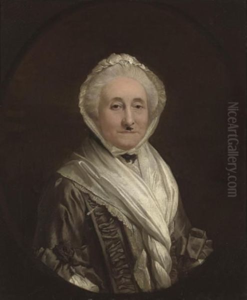 Portrait Of A Lady Of The Knight
 Family, Bust-length, In A Grey Beribboned Silk Dress With A White Shawl
 And Bonnet, In A Feigned Oval Oil Painting by Thomas Gainsborough