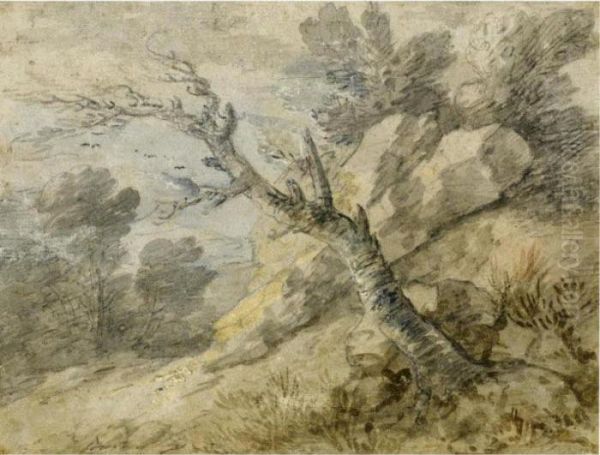 Wooded Landscape With Rocks And Tree Stump Oil Painting by Thomas Gainsborough