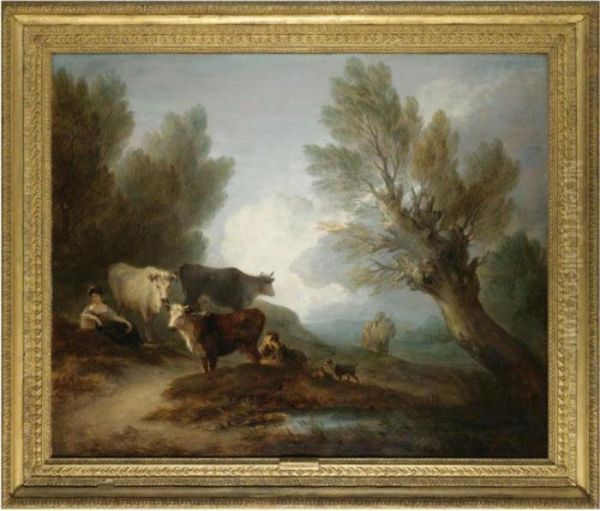 Landscape With Cattle, A Young Man Courting A Milkmaid Oil Painting by Thomas Gainsborough