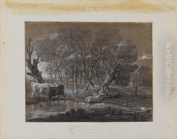 Wooded Landscape With Cows Beside A Pool, Figures And Cottage Oil Painting by Thomas Gainsborough