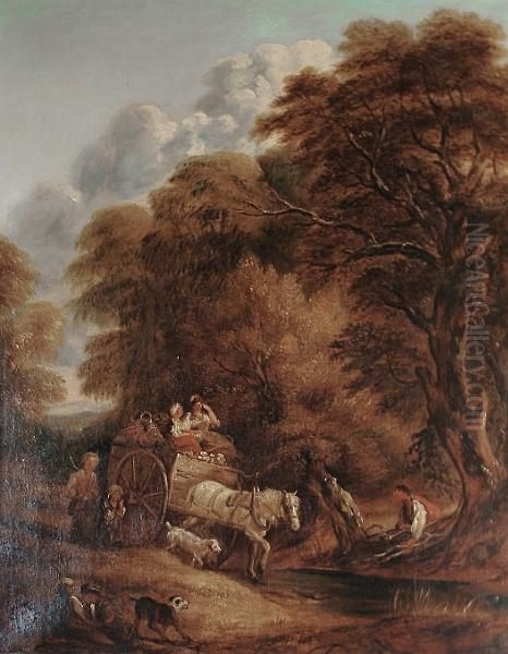 After Thomas Gainsborough, 19th Century Wooded Landscape With Peasants In A Country Cart Oil Painting by Thomas Gainsborough