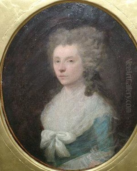 Portrait Of A Lady Standing 
Half-length Turned To The Left In A Blue Dress With White Lace Oil Painting by Thomas Gainsborough