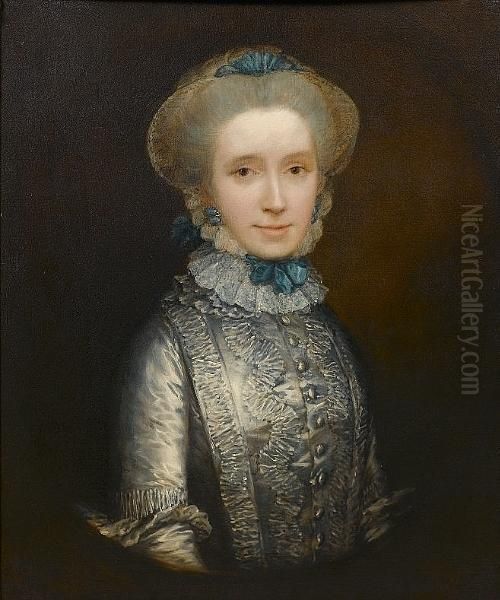 Portrait Of Lady Caroline Draper
 (circa 1730-1769), Half-length, In A Blue Dress With A White Lace Cap 
Held With Blue Ribbons, In A Painted Oval Oil Painting by Thomas Gainsborough