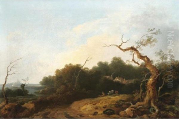 A Drover With His Cattle In A Landscape, An Estuary Beyond Oil Painting by Thomas Gainsborough