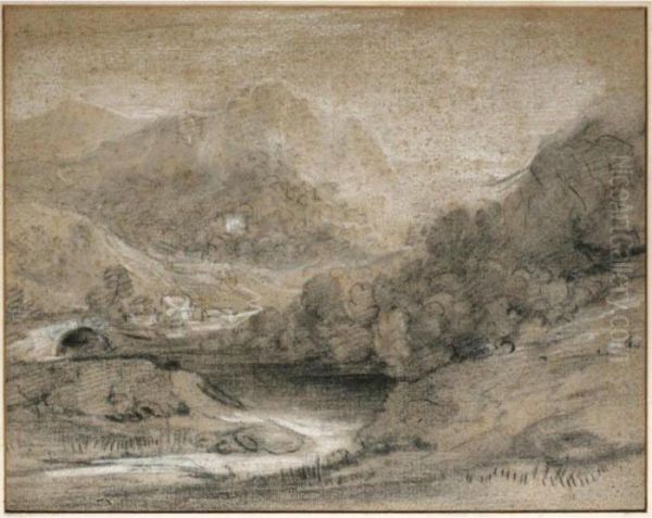 Wooded Mountain Landscape With River And Buildings Oil Painting by Thomas Gainsborough