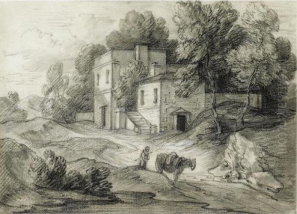 Wooded Landscape With Mansion, Figure And Packhorse Oil Painting by Thomas Gainsborough