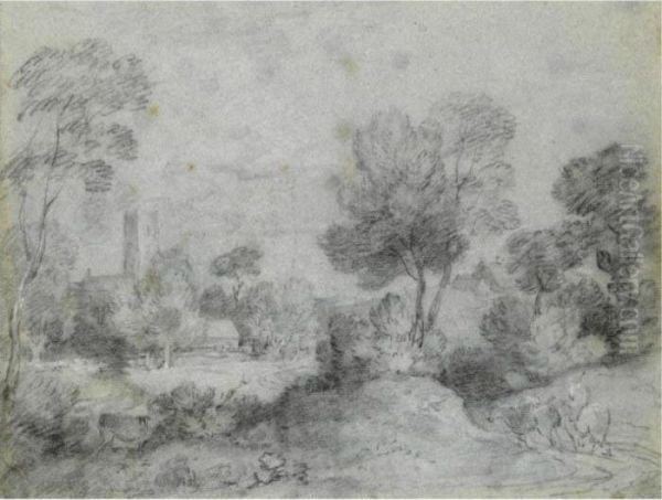 Wooded Landscape With A Traveller On A Country Road, A Church And Cottages Beyond Oil Painting by Thomas Gainsborough