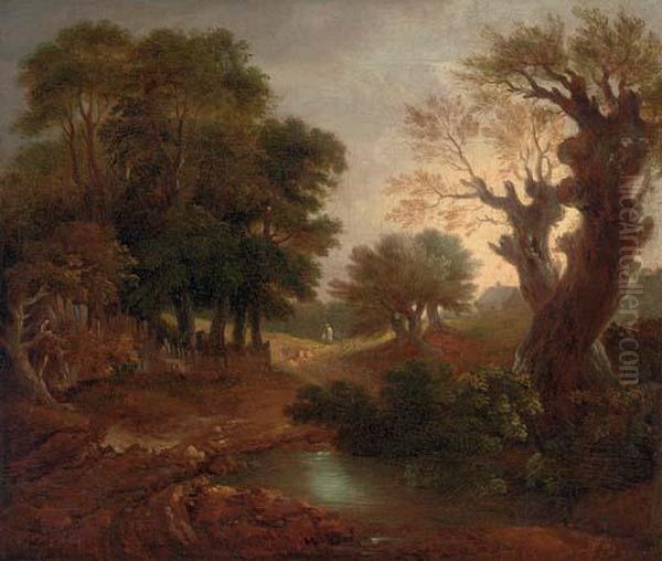 A Wooded Landscape With A Pond And A Figure On A Path Oil Painting by Thomas Gainsborough