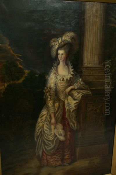 Elegant Lady Wearing Feathered 
Hat And Pearl Adorned Costume, Beside A Classical Column In A Landscape Oil Painting by Thomas Gainsborough