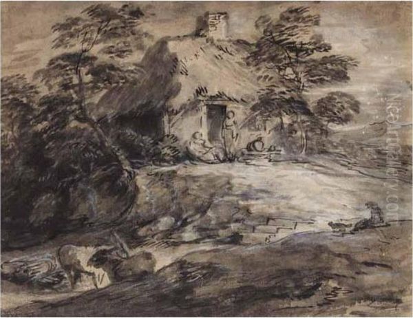 Wooded Landscape With Figures Outside A Cottage With Donkeys Oil Painting by Thomas Gainsborough