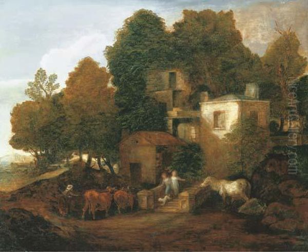 A Lodge In A Park, With Children Descending Steps Oil Painting by Thomas Gainsborough