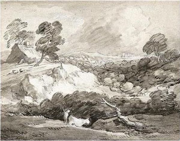 An Open Landscape With A Drover And Cow, A Cottage Beyond Oil Painting by Thomas Gainsborough