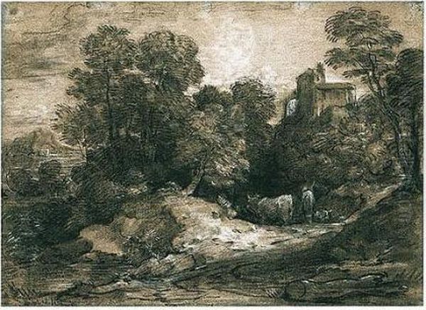 Wooded Landscape With Herdsman And Cattle, A Building Beyond To The Right Oil Painting by Thomas Gainsborough