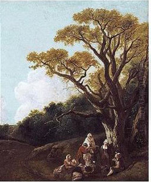 Wooded Landscape With Peasants 
And Donkey Round A Fire, Figures And Distant Church (the Gypsies) Oil Painting by Thomas Gainsborough