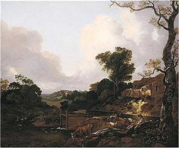 Wooded Landscape With A Peasant Reclining By A Weir Oil Painting by Thomas Gainsborough