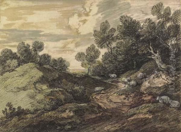 A Wooded Landscape With Sheep Grazing By A Winding Track Oil Painting by Thomas Gainsborough