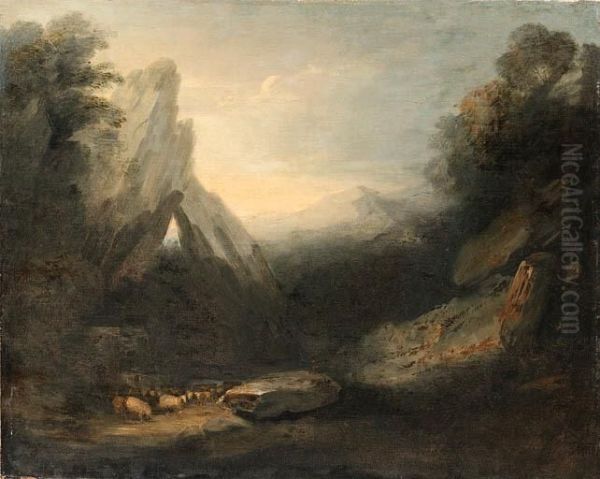 A Twilight Landscape With Sheep By A River In A Gorge Oil Painting by Thomas Gainsborough