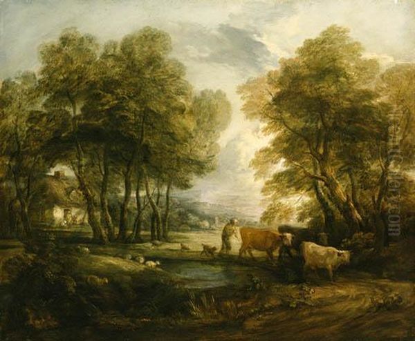 A Wooded Landscape With 
Herdsmen, Cows And Sheep Near A Pool,figures Outside A Cottage Beyond Oil Painting by Thomas Gainsborough