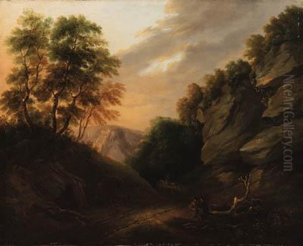 A Mountainous Landscape With Travellers Resting By A Path Oil Painting by Thomas Gainsborough