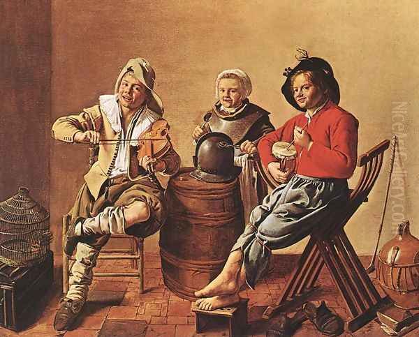 Two Boys and a Girl Making Music 1629 Oil Painting by Jan Miense Molenaer