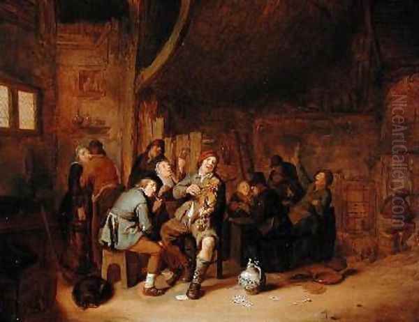 Figures smoking and playing Music in an Inn Oil Painting by Jan Miense Molenaer