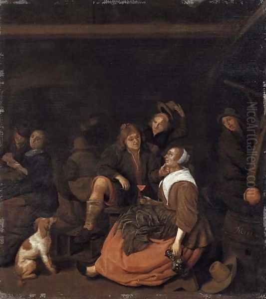 The interior of an inn with a young man courting a lady and peasants drinking Oil Painting by Jan Miense Molenaer