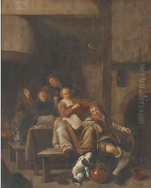 A tavern interior with a peasant woman playing the violin and other peasants singing Oil Painting by Jan Miense Molenaer