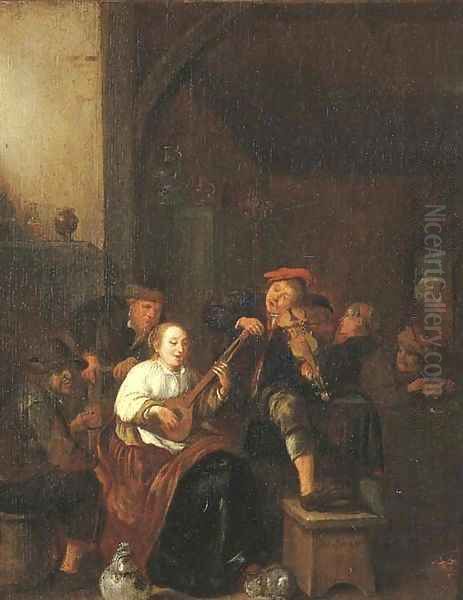 A tavern interior with a woman playing the lute, a man playing the fiddle, and boors drinking and smoking Oil Painting by Jan Miense Molenaer