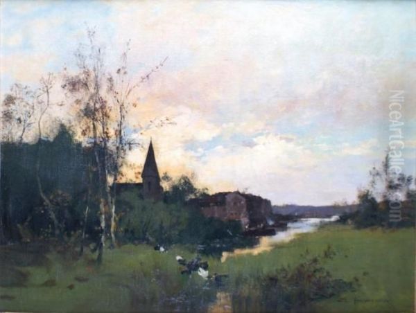 Village Pres Du Cours D'eau Oil Painting by Eugene Galien-Laloue