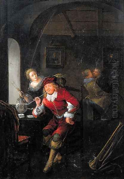 An officer smoking a pipe seated by a table in a brothel Oil Painting by Jan Miense Molenaer