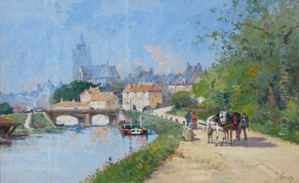 Attelage Bord De Riviere Oil Painting by Eugene Galien-Laloue