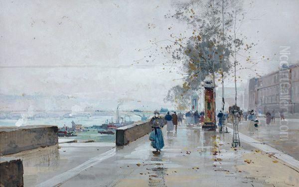 Le Quai Du Louvre Oil Painting by Eugene Galien-Laloue