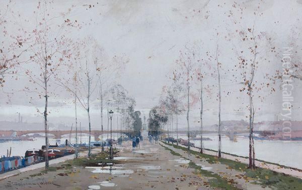 L'ile Seguin A Boulogne Oil Painting by Eugene Galien-Laloue