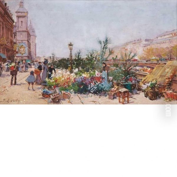 Marche Aux Fleurs Et La Conciergerie Oil Painting by Eugene Galien-Laloue