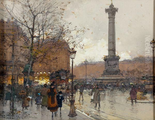 Paris Le Soir, Place De La Bastille Oil Painting by Eugene Galien-Laloue