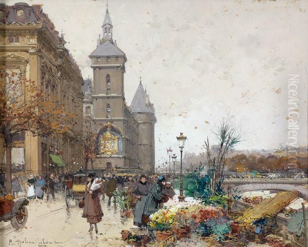 Marche Aux Fleurs Et La Conciergerie Oil Painting by Eugene Galien-Laloue