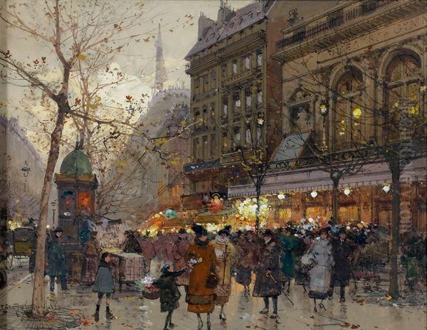 Paris Le Soir, Theatre Du Gymnase Oil Painting by Eugene Galien-Laloue