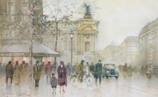 Paris, L'opera Garnier Et Le Cafe De Lapaix Oil Painting by Eugene Galien-Laloue