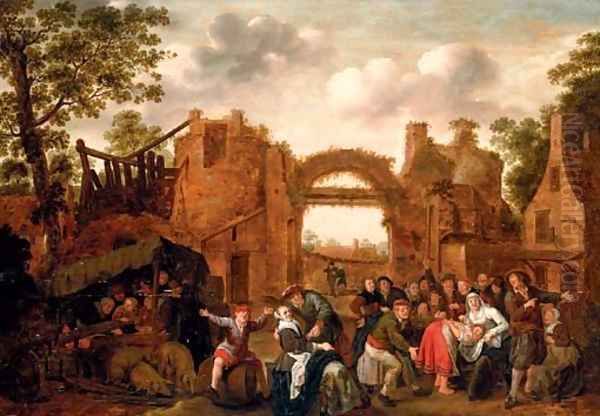 Villagers merrymaking and playing La main chaude amongst ruins Oil Painting by Jan Miense Molenaer