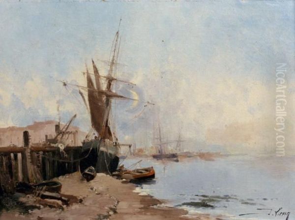 Bateaux A Quai A Maree Basse Oil Painting by Eugene Galien-Laloue