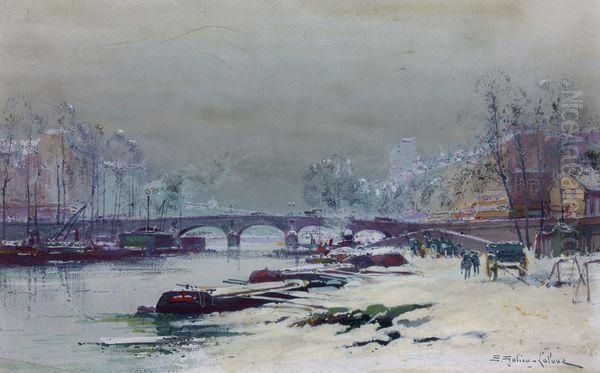 Paris, La Seine En Hiver Oil Painting by Eugene Galien-Laloue