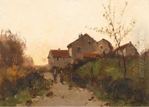 Paysage (sur Le Chemin De La Ferme) Oil Painting by Eugene Galien-Laloue