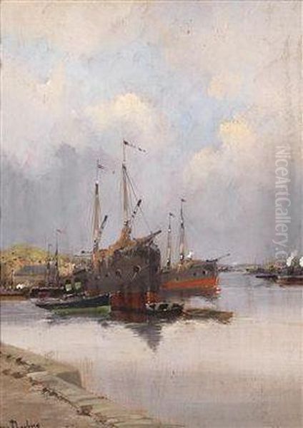 Fishingboats In The Harbour Oil Painting by Eugene Galien-Laloue